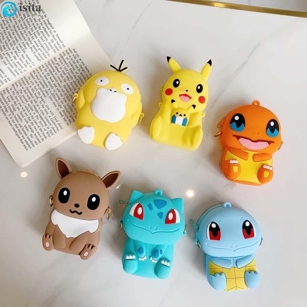 ISITA Pokemon Go Ví đựng tiền xu Eevee kawaii Túi đựng tai nghe Silicon Túi đeo vai trẻ em