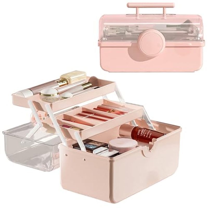 Visual Cover, Handle 3 Layers Portable Cosmetic Storage Box Easily Organize Your Cosmetics, Jewelry 