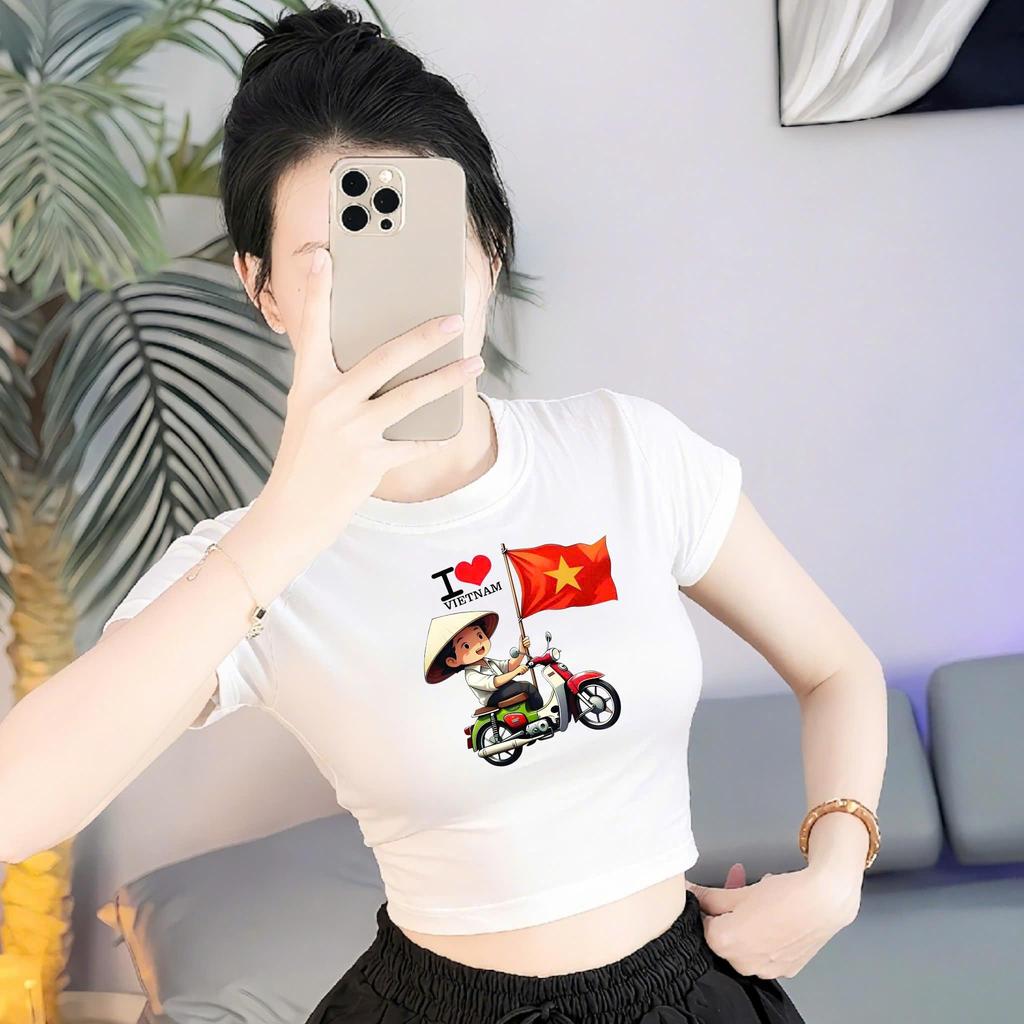 Áo Thun Croptop Dáng Ngắn Form Ôm Body Nữ Tôn Dáng In Hình Đi Bão I Love Việt Nam