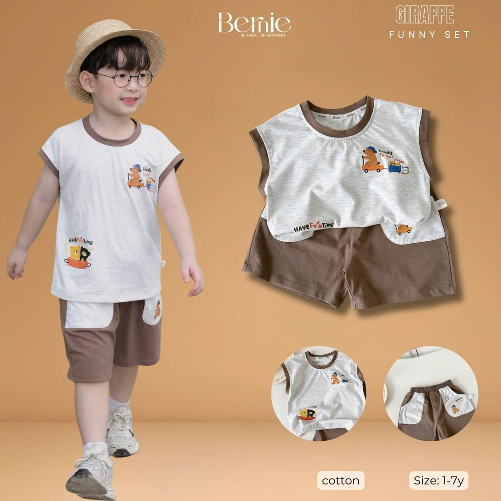 Set bộ tanktop bé trai họa tiết Brownie phong cách hàn quốc kèm quần short 9tới 28kg BERNIE T0326B46