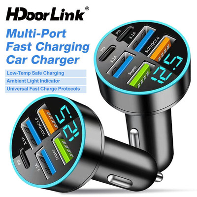 Bộ sạc xe hơi USB HdoorLink 4USB QC3.0 PD Type-C Bộ chuyển đổi nguồn ô tô đa cổng có màn hình kỹ thuật số
