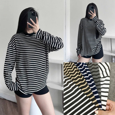 Áo Thun Kẻ Sọc Bigsize Nữ Áo Tay Dài Form Rộng Vải Thun Cotton Co Giãn Cho Chuuby A296