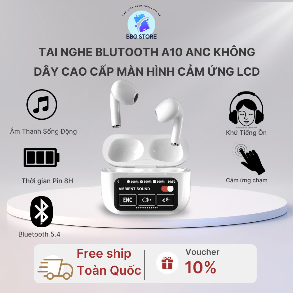 Tai Nghe Bluetooth A10(ANC) Không Dây Cao Cấp, Màn LCD Cảm Ứng, Pin Trâu, Giảm Tiếng Ồn, Phù Hợp Nhi