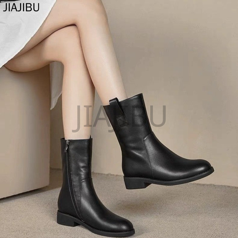 Size 35-42 Giày Bốt Kiểu Anh Cổ Điển Mũi Tròn Khóa Kéo Gót Dày Chống Trượt Màu Đen Kiểu Dáng Mô Tô G