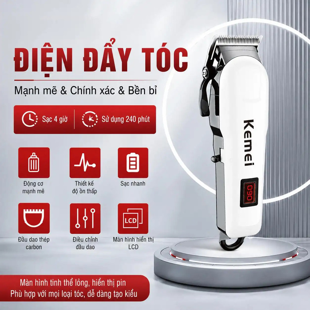 Tông đơ cắt tóc máy cắt tóc tông đơ điện tông đơ Kemei màn hình LCD pin khỏe dùng gia đình salon