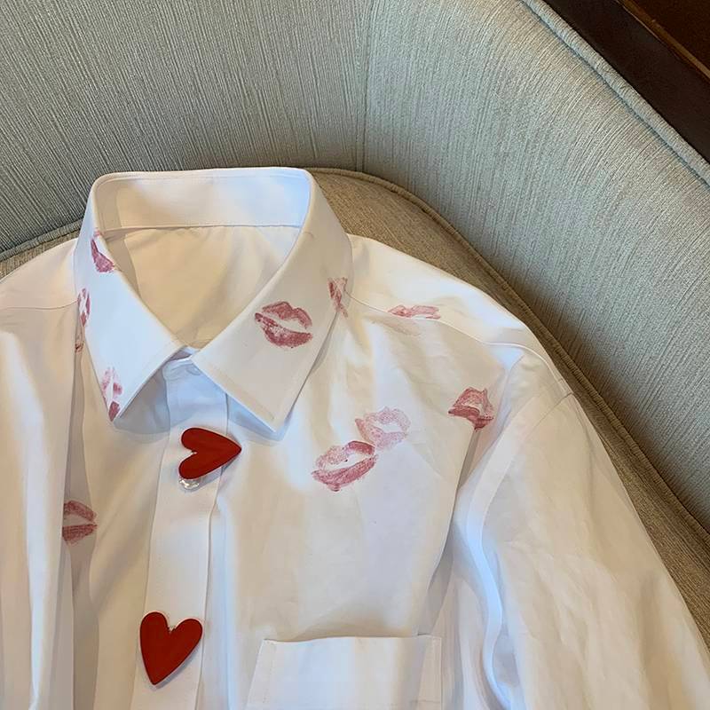 Women's Korean-Style Niche Design Lip Print White Shirt Top Women's Korean-Style Niche Design Lip Pr