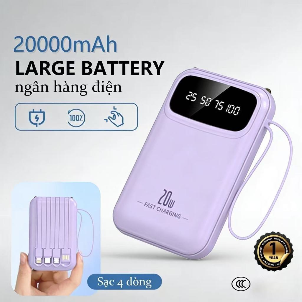 Đa dụng 20000 mAh với 4 cáp sạc nhanh, dung lượng lớn tiện lợi