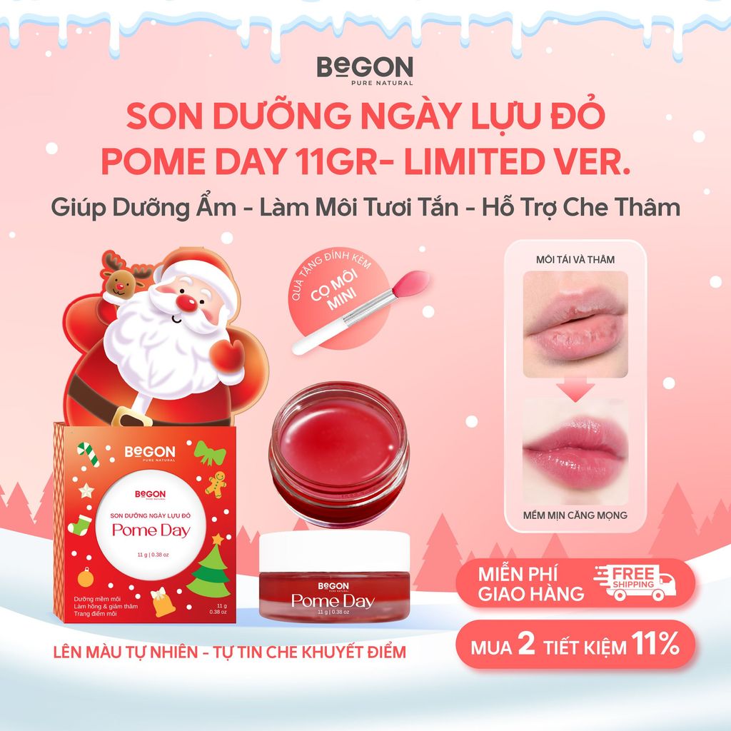 Son Dưỡng Ngày Lựu Đỏ Pome Day 11gr – Dưỡng Ẩm, Che Thâm & Tươi Tắn Môi | Phiên Bản Giáng Sinh – BeG