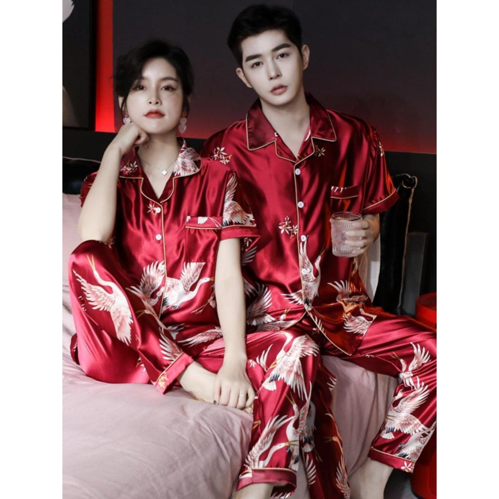 2026新款新婚情侣睡衣女红色男士结婚冰丝绸本命年短袖长裤套装家居服Newlywed Couple Pajamas Women's Red Men's Wedding Ice Silk20260515