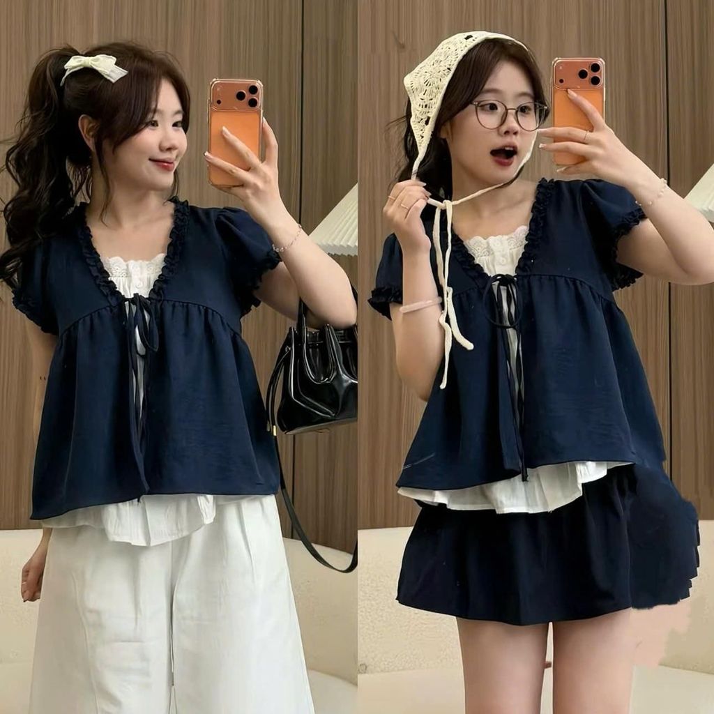 Áo form babydoll dễ thương chất đũi hàn tay ngắn cổ V phối ren bèo 2 lớp nhiều màu hot hit. HÀNG MỚI VỀ | BigBuy360 - bigbuy360.vn
