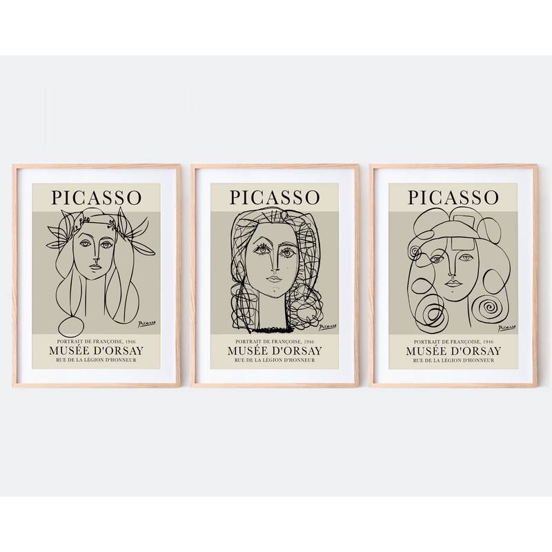 Picasso Portrait Francoise Gilot Bộ 3 nghệ thuật _ Pablo Picasso Woman Sketch, Picasso Lithograph Li