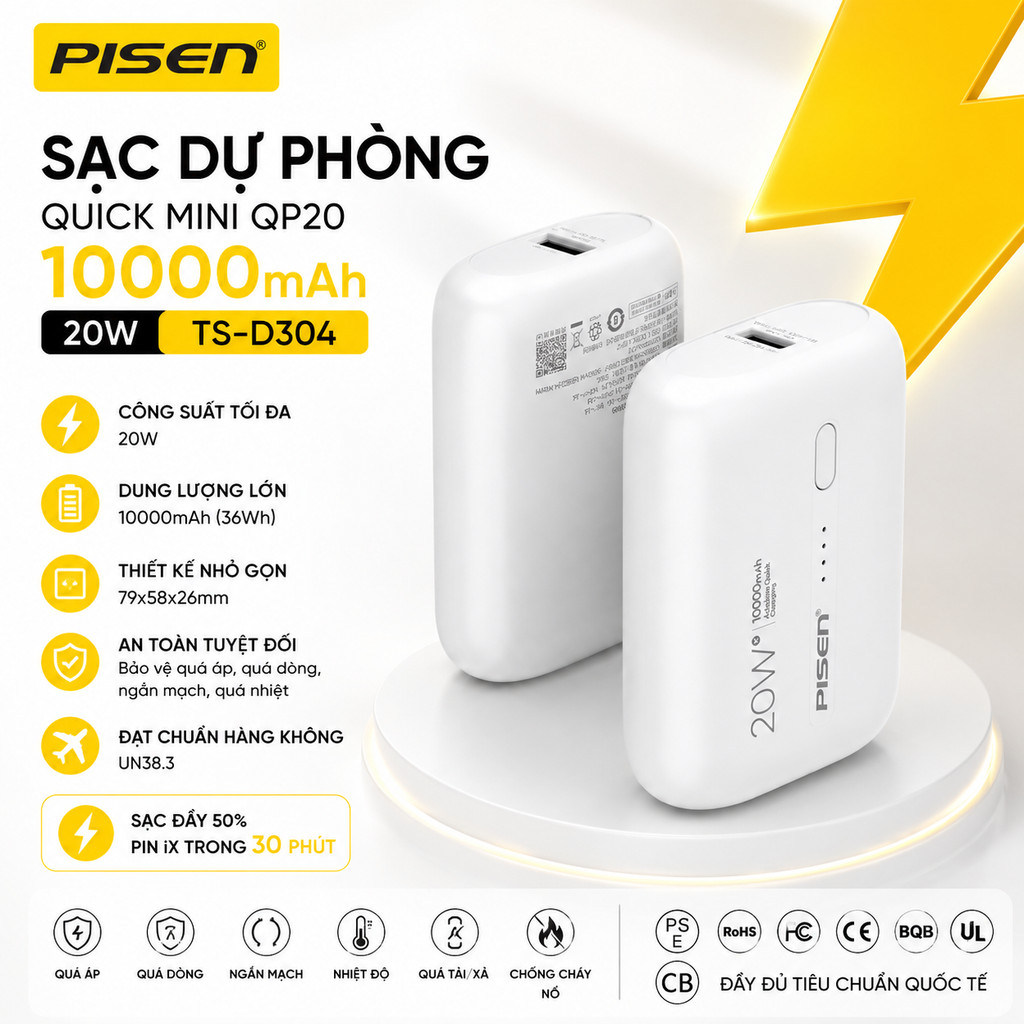 Pin dự phòng sạc nhanh Pisen TS-D304 / RavPower Alfox 20w  siêu nhỏ gọn 10000mAh - Hỗ trợ QC 3.0 và PD 3.0 20W (trắng)