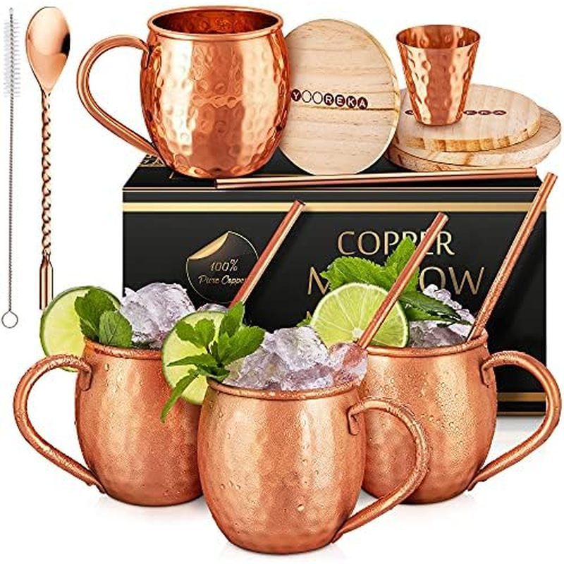 Yooreka Gift Set Moscow Mule Mugs Set Of 4 16 oz Solid Cooper, 100% Pure Copper Cups HANDCRAFTED, BO