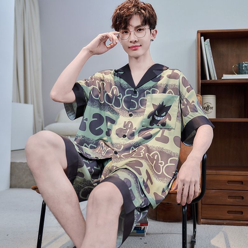 2026新款男士睡衣短袖短裤冰丝薄款天丝绸宽松青少年家居服套装Men's Pajamas Short-sleeved Shorts Ice Silk Thin Sky Silk20260515