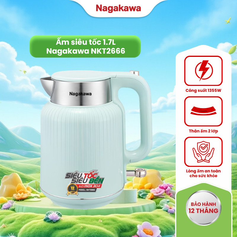 Sản Phẩm Bình đun siêu tốc 1.7L Nagakawa, ấm siêu tốc đun nước NKT2666, chất liệu inox 304, bảo hành