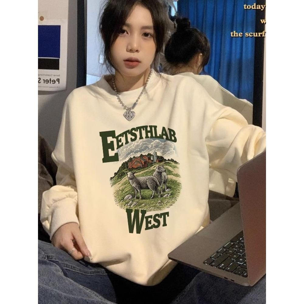 Women's White Round Neck Sweatshirt, Classic American Style, Belongs to Streetwear Fashion Line, Loo