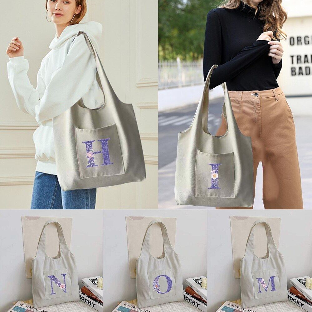 Canvas Women Shopper  Tote Bag Fashion Initials  Bag Reusable Supermarket Tote Shopping Bag Casual