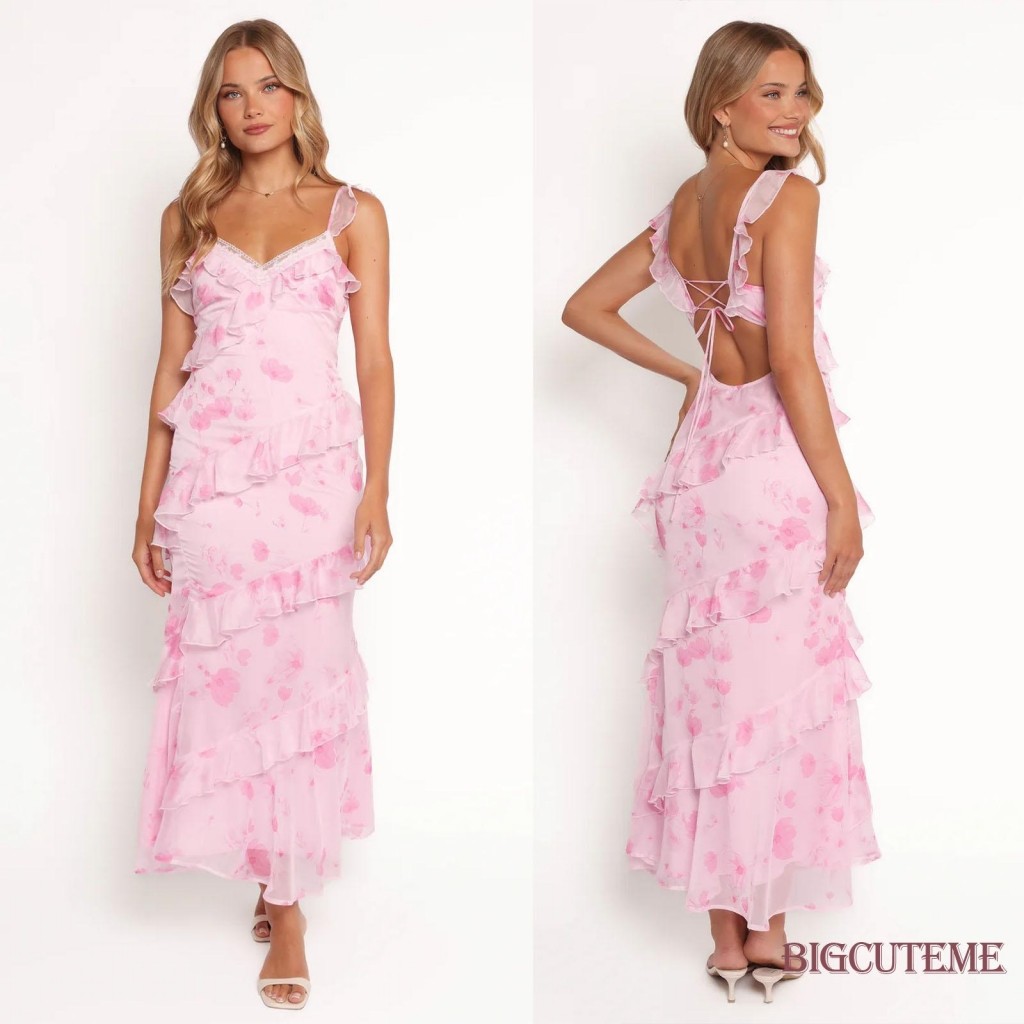 [] -Nữ Slip Dress Không Tay Cổ Chữ V Lưng Hoa Xù Dài Mùa Hè Cho Tiệc Cocktail