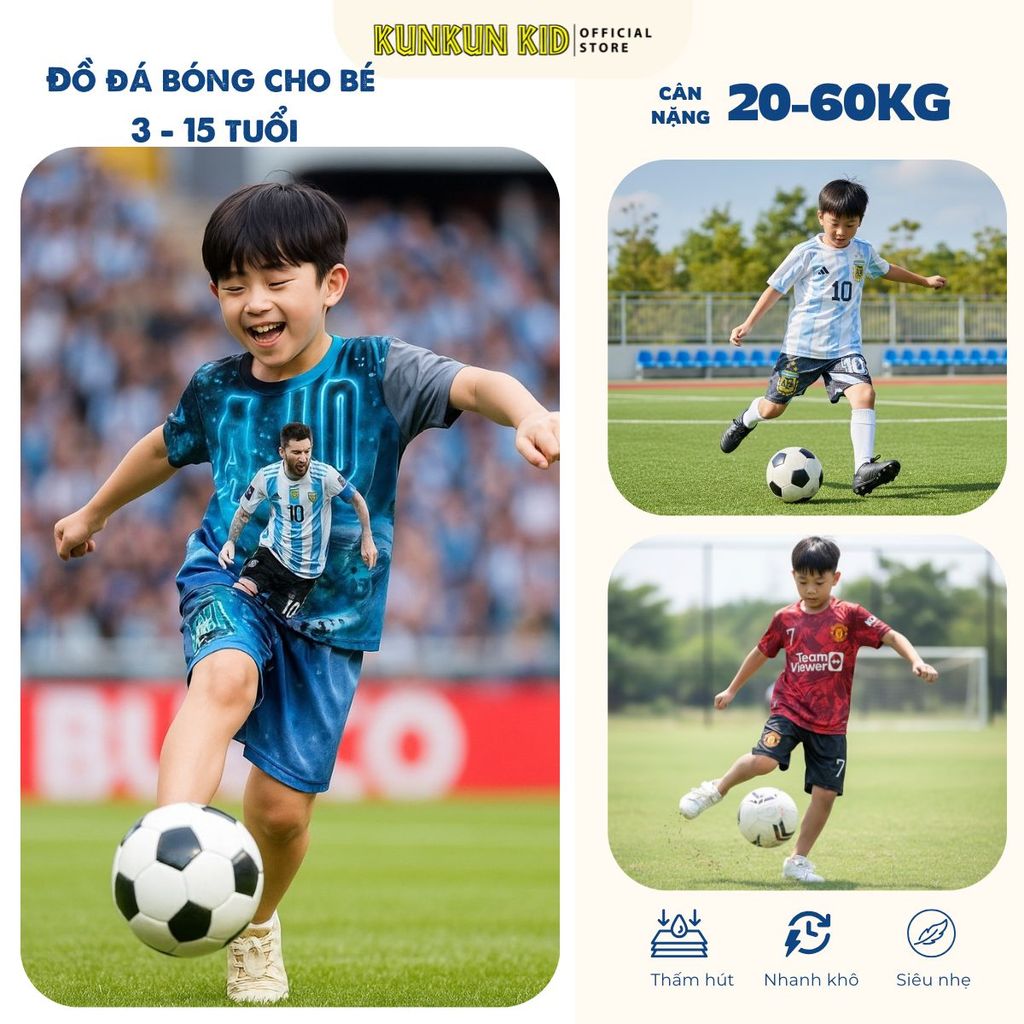TH Đồ bộ đá banh in 3D cầu thủ Messi, Ronaldo thấm hút mồ hôi, chất thun cao cấp TT028 - KunKun Kids