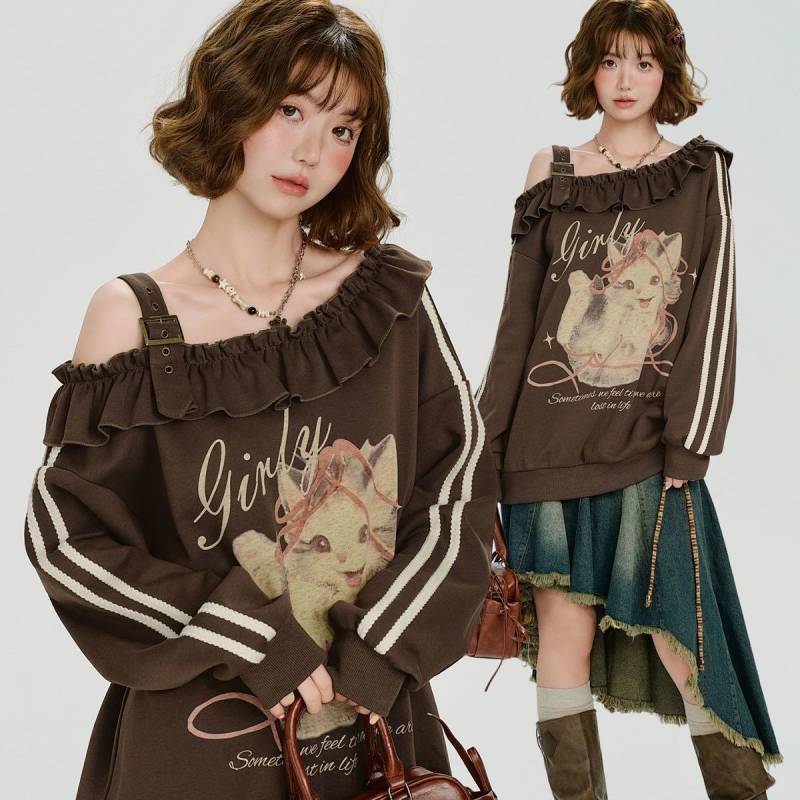 Korean Style Letter Print Cat Shoulder Sweater Autumn New Design Sense Sweet Cool Loose Top Ueup