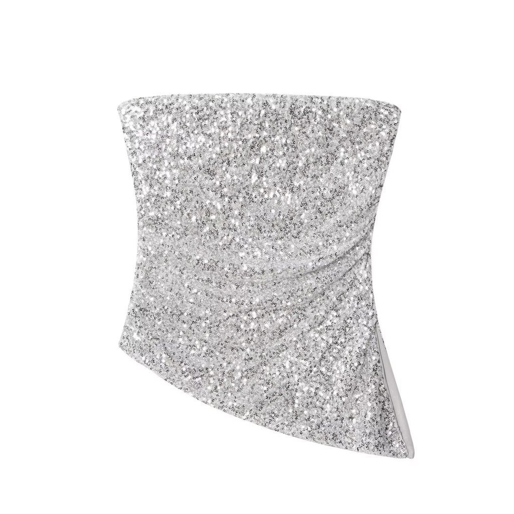 Mùa Hè 2026 Phong Cách Mới Nữ Thường Ngày Ôm Hơn Nhìn Châu Âu Mỹ Dây Màu Trơn Sequined Tube Top Hot 