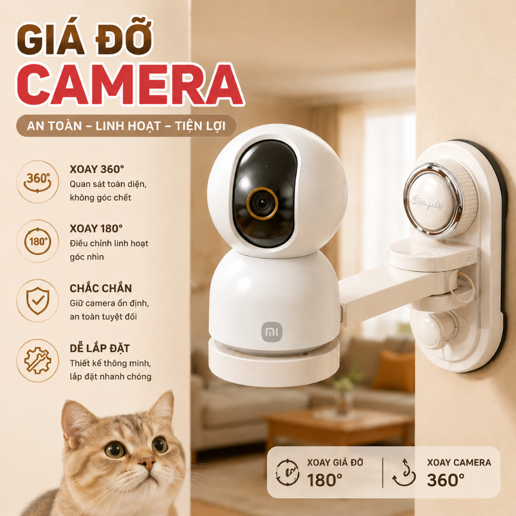 Giá Đỡ Camera Xoay 360 Độ, Kệ Treo Camera Gắn Tường Không Cần Khoan, Đế Dán Siêu Chắc Cho Camera Wif