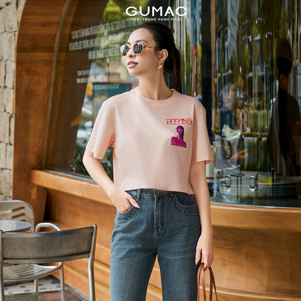 Áo thun nữ in phối thêu thời trang GUMAC ATE07015