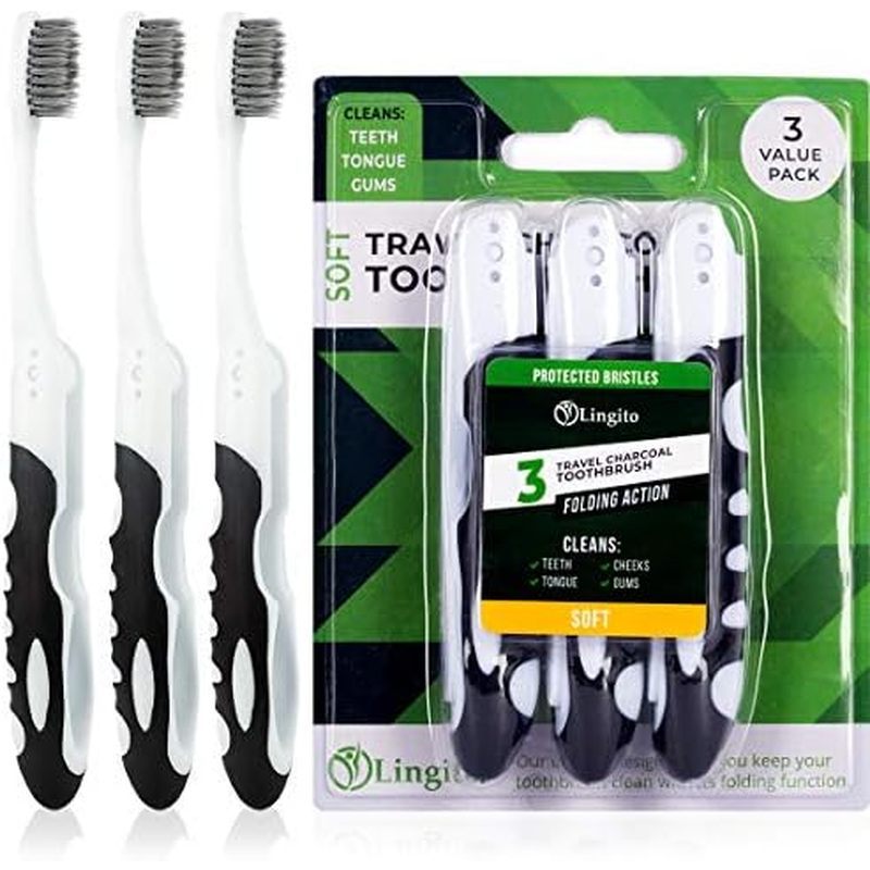 Lingito Travel Toothbrushes - Medium, Mini with Cover, Camping, Folding Travel Size, Adults Kit (4 P