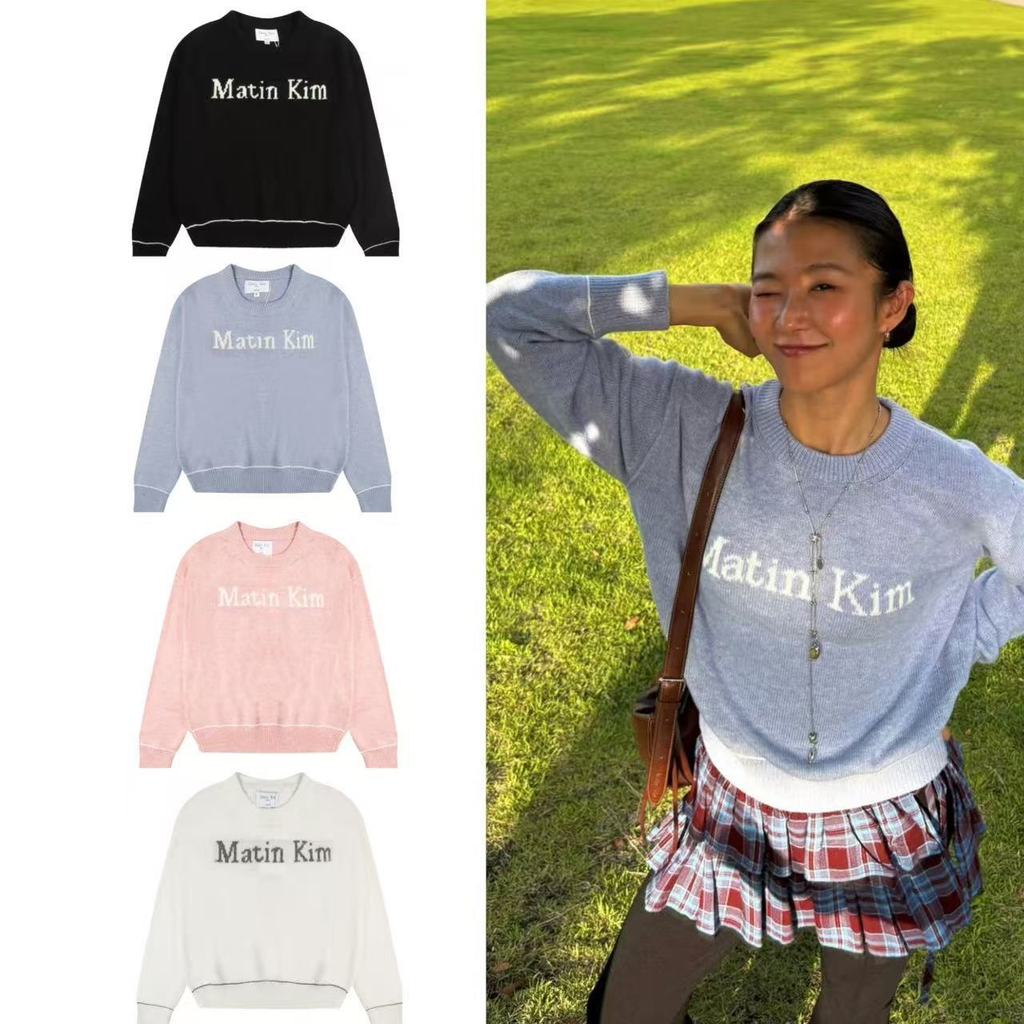 Matin Kim Jacquard basic crew neck knit sweater, college style, sweet and casual, Korean style, same
