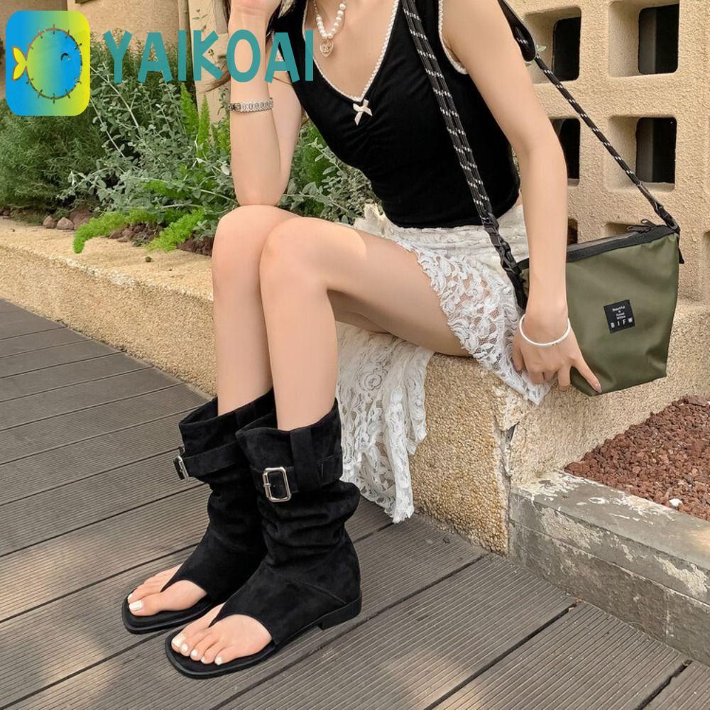 Xăng đan Nữ GLENES, Khóa Thắt Lưng Gothic Mở Kẹp Ngón Chân Giày Bốt, Giày Bốt Cổ Thiết Kế Da Lộn Y2k