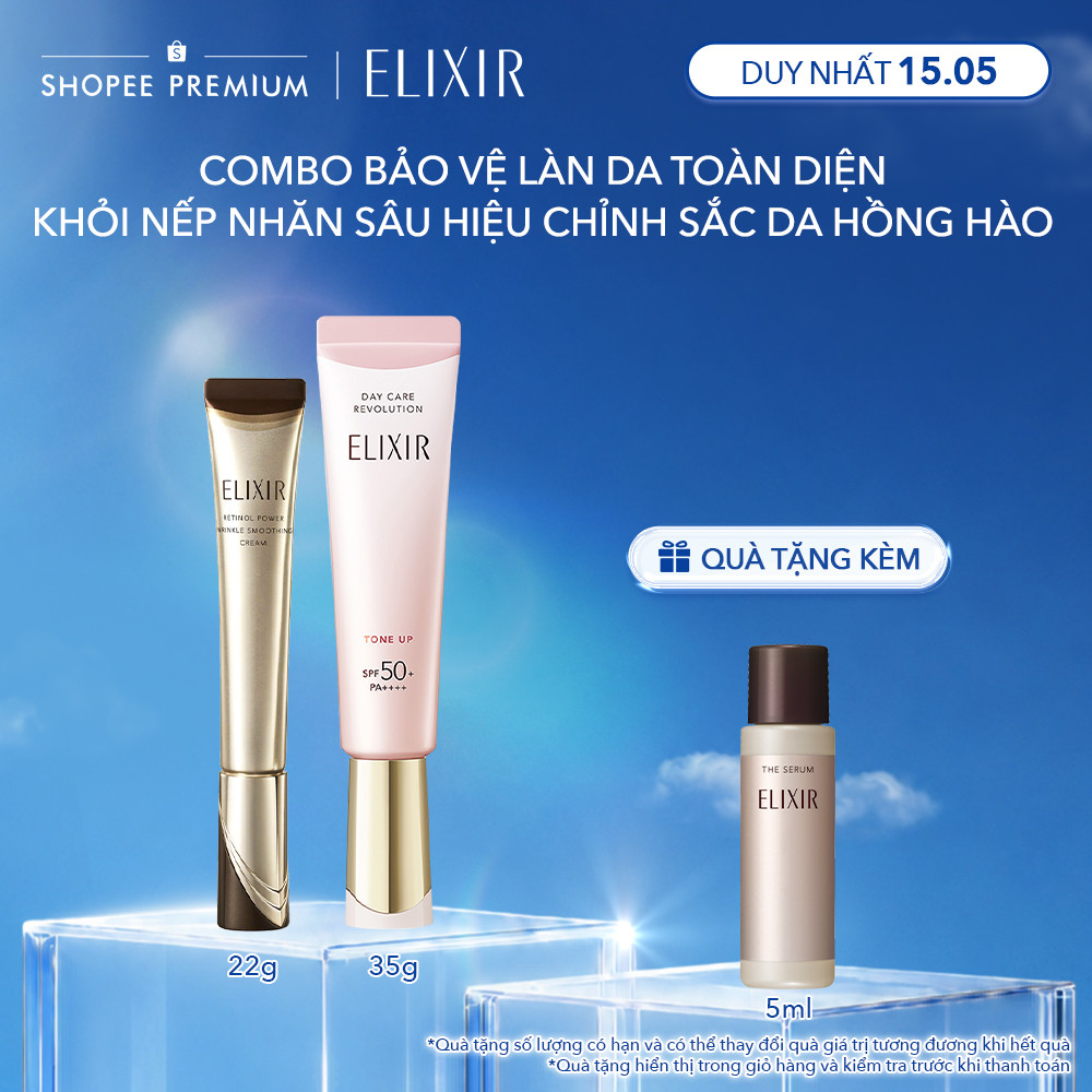 COMBO Kem dưỡng da cải thiện ELIXIR RETINOL POWER WRINKLE SMOOTHING CREAM 22g + Sữa chống nắng nâng 