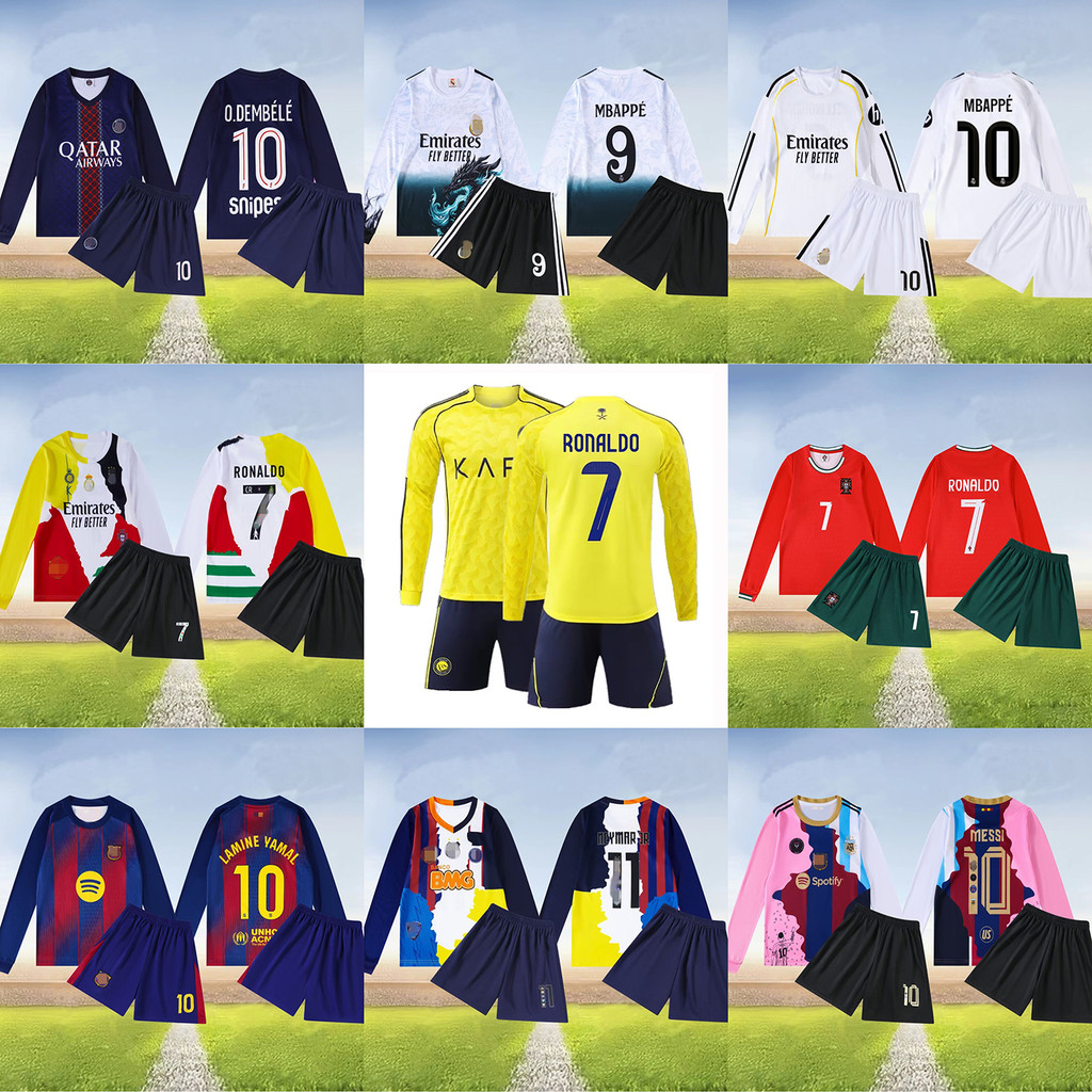 Bộ đồ bóng đá dài tay mùa thu đông 25-26 mùa cho trẻ em Ronaldo Jersey Messi Jersey Bóng đá