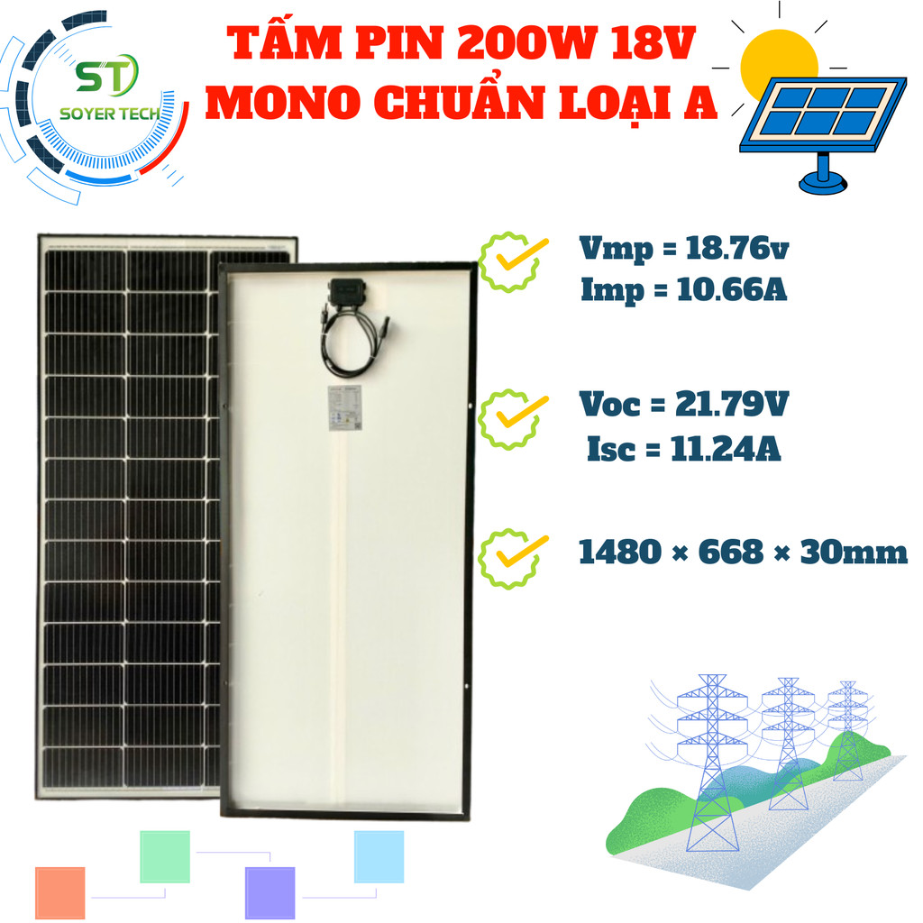 TẤM PIN NĂNG LƯỢNG MẶT TRỜI 200W 18V MONO CHUẨN LOẠI A - HÀNG CÓ SẴN - SOYER TECH PHÂN PHỐI - ST39M-