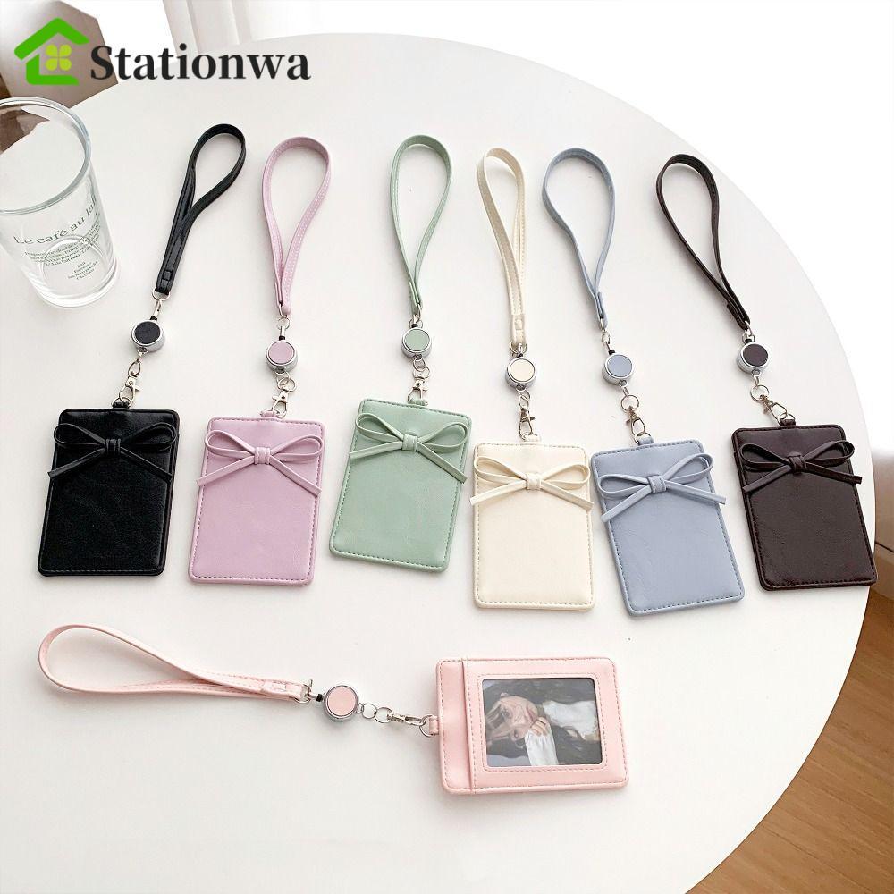 STATIONWA Bow Leather Card Holder, Bowknot Name Tag Work Card Cover, Đa Năng Có Thể Thu Vào Da PU Có