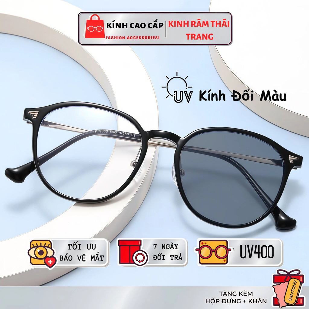 Kính đổi màu nữ mắt chống tia uv khi ra nắng SANTONY gọng kim loại oval thiên tròn xinh xắn