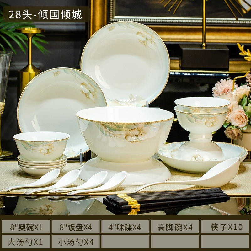 Bộ bát đĩa gốm sứ Jingdezhen, bộ bát đĩa gia đình, bát đĩa sứ xương, quà tặng bán buôn hình ảnh LOGO