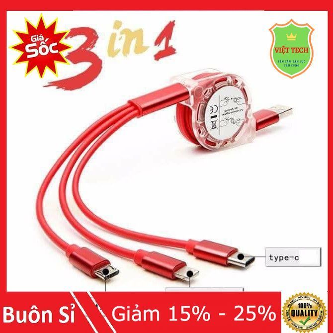 Dây Sạc Rút 3 Đầu Cáp Micro USB-IP- USB C