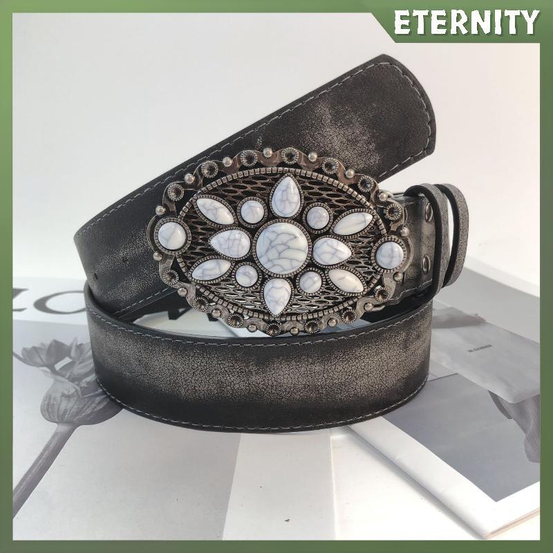 ETERNITY Vintage Đá Trắng Bule Thắt Lưng Khắc Hoa Thắt Lưng Da Nổi Boho Thắt Lưng Phương Tây Quần Je