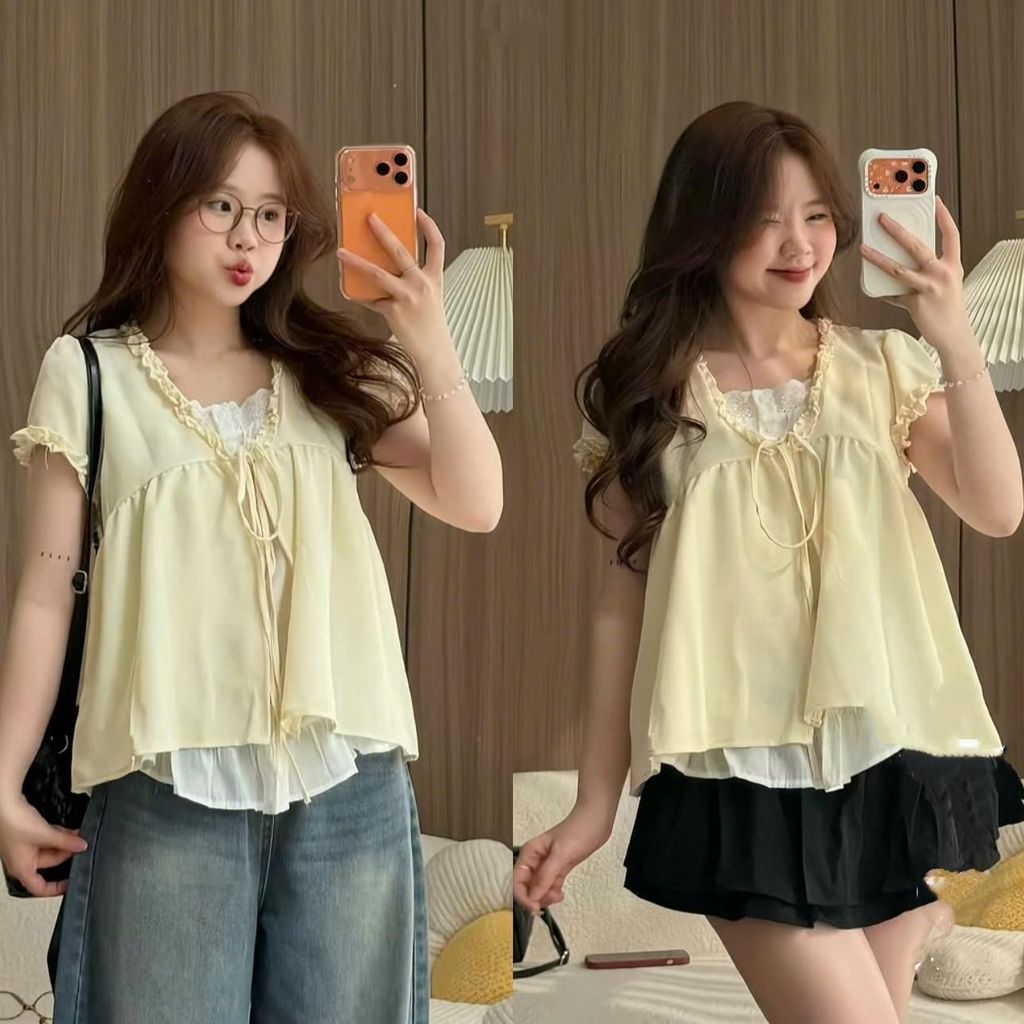 Áo form babydoll dễ thương chất đũi hàn tay ngắn cổ V phối ren bèo 2 lớp nhiều màu hot hit. HÀNG MỚI VỀ | BigBuy360 - bigbuy360.vn