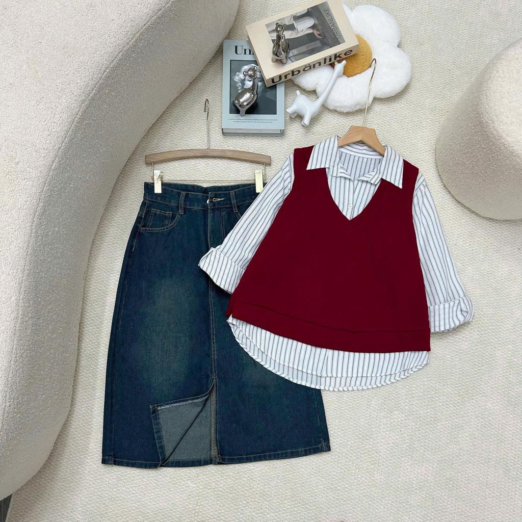 Set Tự Chọn Bigsize Nữ Áo Sơ Mi Kẻ Sọc Mix Ghi Lê Và Chân Váy Jean Ngang Gối ( A238 +A335+V5) TỔNG H