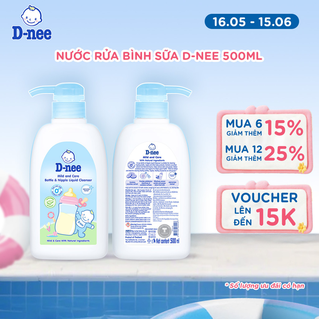 Nước rửa bình sữa D-nee, chiết xuất dưa leo, an toàn lành tính, khử khuẩn hiệu quả 500ml