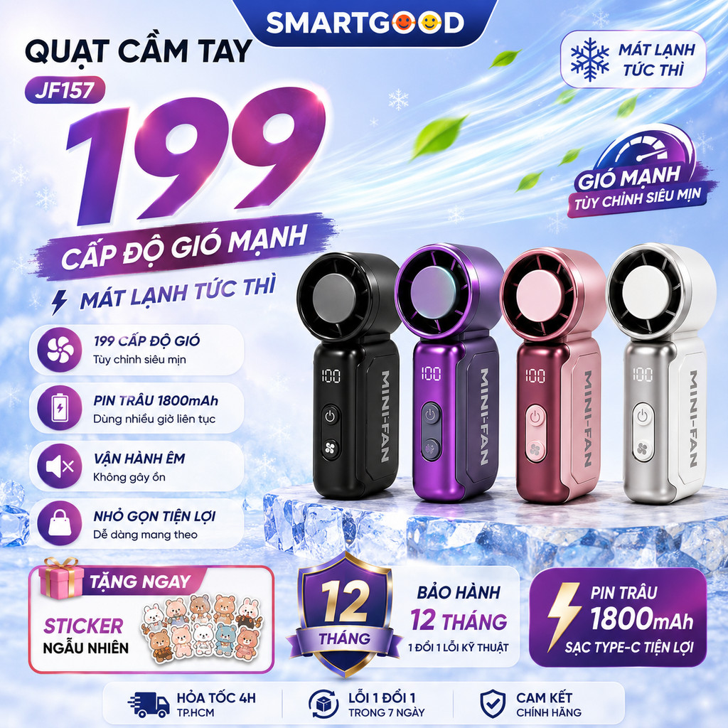 Quạt Cầm Tay Mini 199 Cấp Độ Gió - Quạt Tích Điện Mini Gió Mạnh Có Màn Hình Hiển Thị