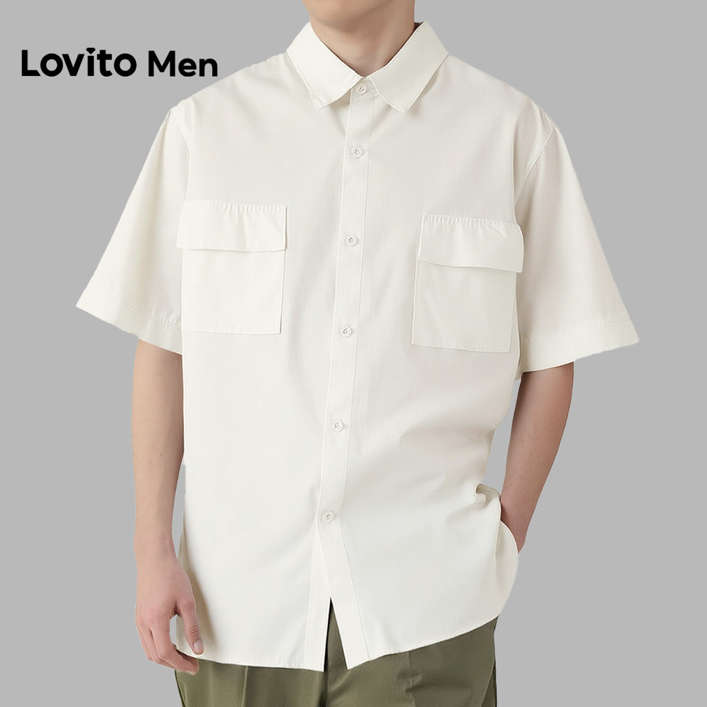 Lovito Men Áo sơ mi nam trắng phong cách mùa xuân hè có túi LNE127024
