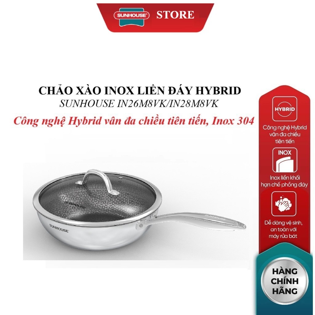 Chảo xào inox liền đáy Hybrid Sunhouse IN26M8VK/N28M8VK, Công nghệ Hybrid vân đa chiều tiên tiến, In
