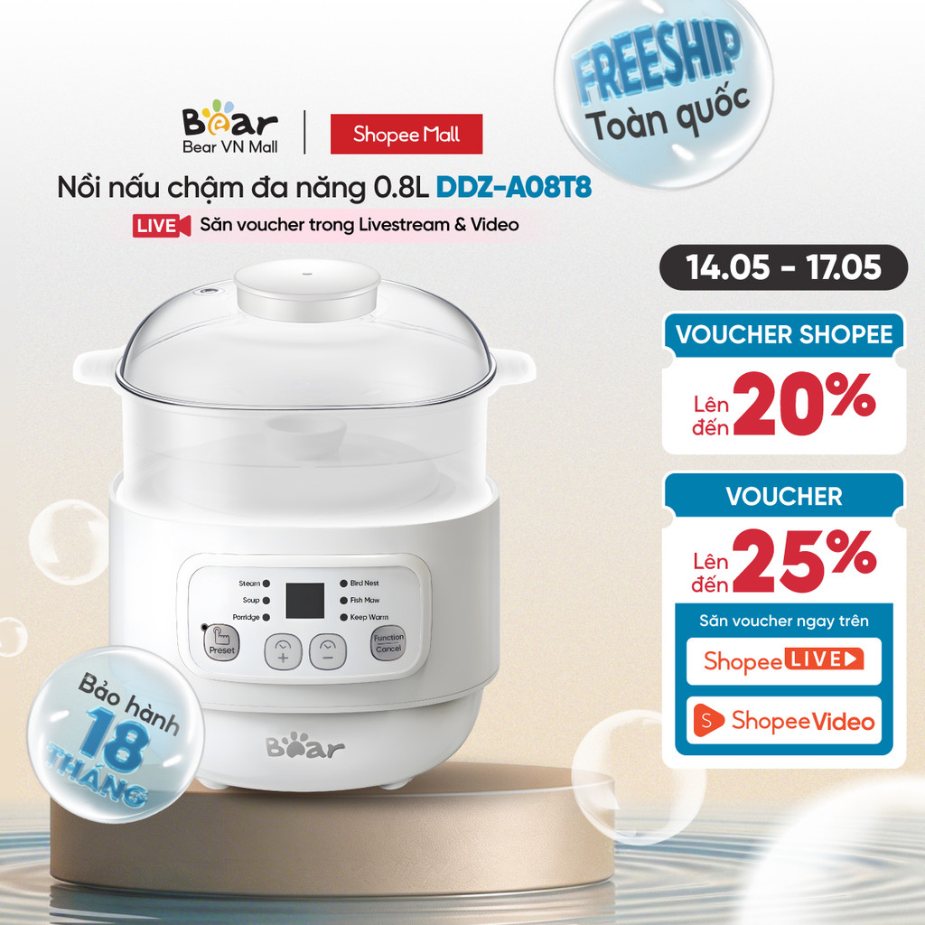 Nồi nấu chậm đa năng 0.8L Bear DDZ-A08T8 - Hàng chính hàng