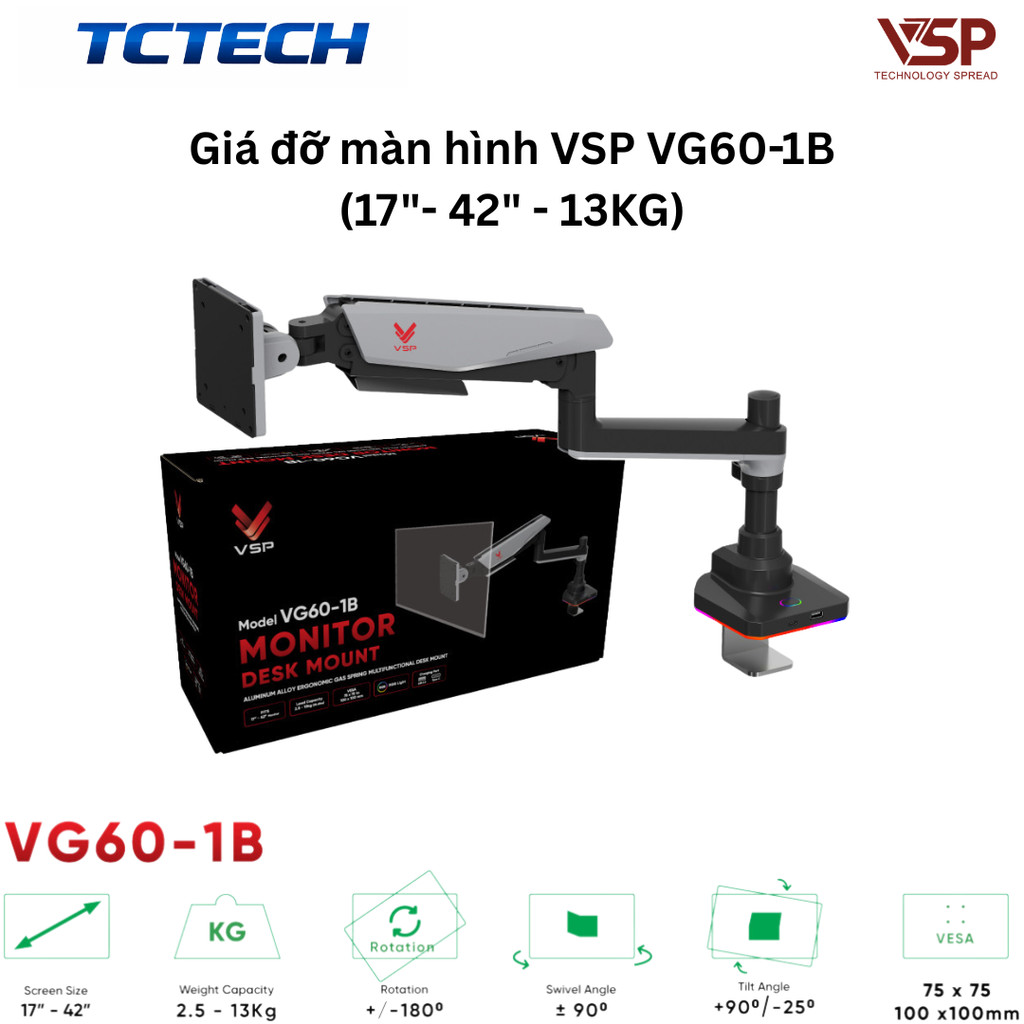 Giá đỡ màn hình, Arm treo màn hình VSP VG60-1B tương thích màn hình 17"- 42" , Tải 13KG có LED RGB C