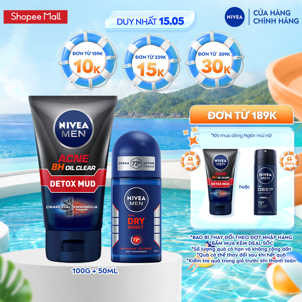 Bộ Đôi Sữa Rửa Mặt NIVEA MEN Acne Oil Clear Bùn Khoáng (100 g) + Lăn Ngăn Mùi NIVEA MEN Khô Thoáng (