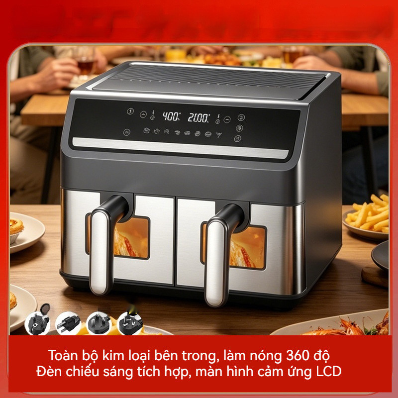 Chảo chiên không dầu bằng inox gia dụng. Lò nướng không dầu giỏ đôi dung tích lớn-free oven-air frye