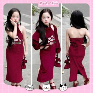  CBM26 -  Tặng túi  Váy đầm nhung cổ yếm dáng dài thêu hoa sen kèm áo choàng cho bé gái 