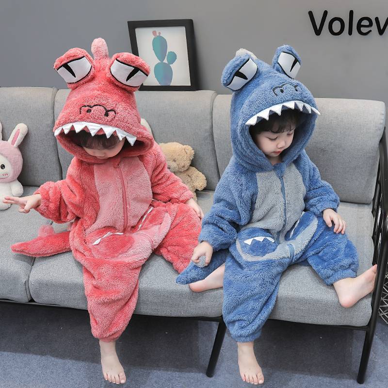 Children's One-Piece Pajamas Autumn and Winter Flannel Fleece-Lined Thick Coral Fleece Sleeping Bag 